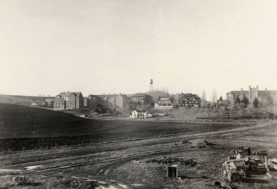 1930 panoramic photograph of University of Idaho campus. Brickyard is visible in the lower right corner. [PG1_002-03]