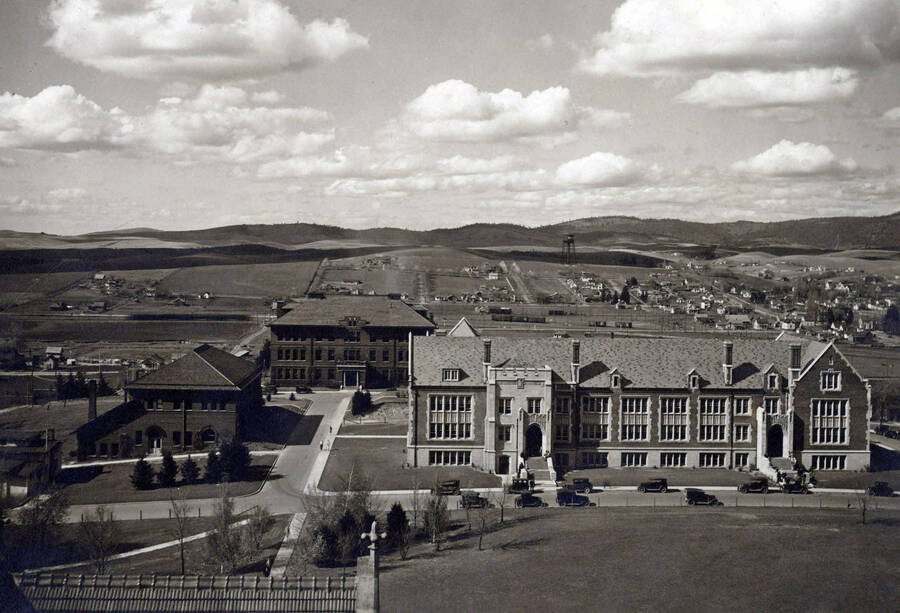 University of Idaho campuses, panoramic view from Administration Building over Mines, Morrill, and Science. [2-32]