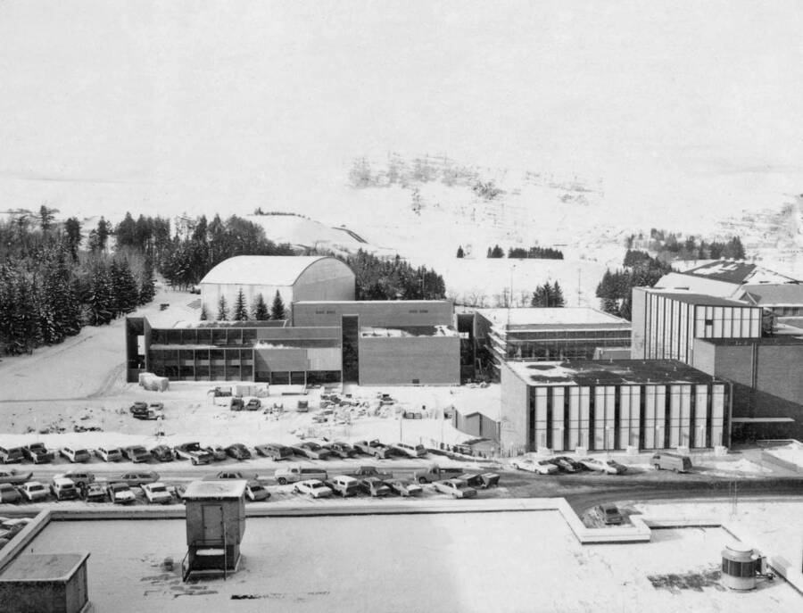 1960 panoramic photograph of University of Idaho campus. Winter scene of campus from the Administration building. [PG1_002-44]