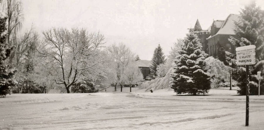 1950 panoramic photograph of University of Idaho campus. Looking east on campus lawns in the winter. Donor: University of Idaho Press. [PG1_002-56]