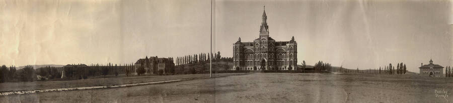 1905 panoramic photograph of University of Idaho campus. View of the line of poplars. [PG1_002-63]