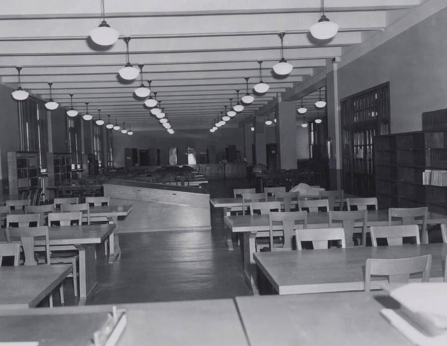 1957 photograph of the Library. View of the second floor periodical reading room. [PG1_201-17]