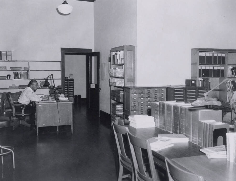 1957 photograph of the Library. Office of technical services. [PG1_201-21]