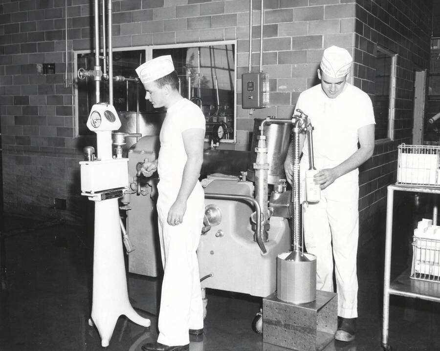 1960 photograph of Dairy Farm and Creamery Also print. Two students weighing and packaging UofI ice cream. Donor: Photo Center. [PG1_205-29]