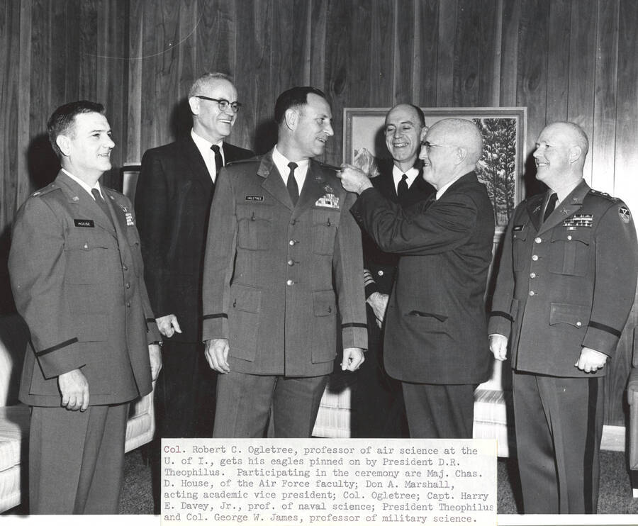 Air Force Officer Education Program. University of Idaho. Col. Ogletree gets his eagles. [207-4]