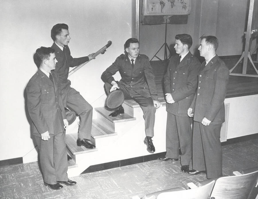 1964 photograph of Air Force Officer Education Program l-r: Dale Daniels, Harry Isaman, Allen Ingebritsen, Byron Erstad, Lees Burows. [PG1_207-05]