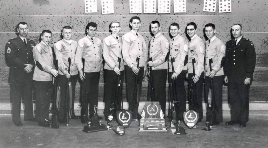 1960 photograph of Military Science Cadets. Military cadet rifle team at the shooting range. Donor: Army ROTC. [PG1_208-101]
