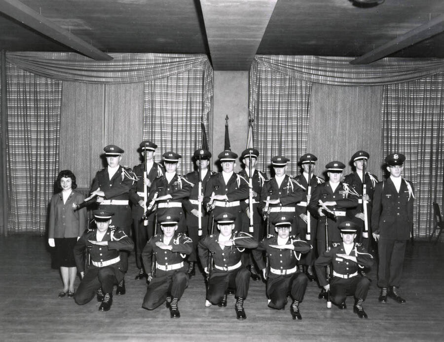 1962 photograph of Military Science Cadets. Military cadet drill team. Donor: Army ROTC. [PG1_208-104]