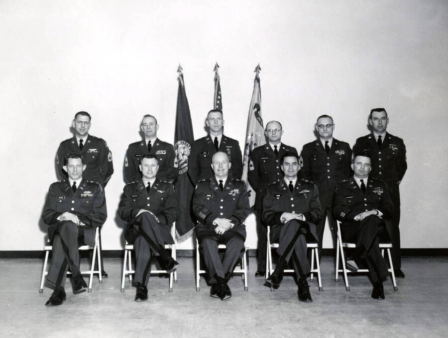 1960 photograph of Military Science Cadets. l-r: (front) Olson, Bretiegan, James, Todd, Cashman; (back) Griffin, Perryman, Ruth, Carpenter, Lynch, Caldwell. Donor: Army ROTC. [PG1_208-105]