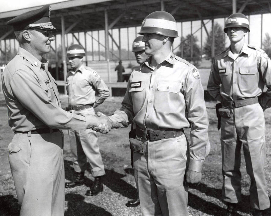 1959 photograph of Military Science Cadets. Cadets at summer camp, Fort Lewis. Donor: Army ROTC. [PG1_208-107]