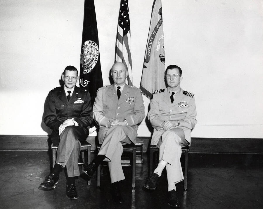 1963 photograph of Military Science Cadets. l-r: Col. John B. Pattison, Col. George W. James, Capt. George F. Ricardson. Donor: Army ROTC. [PG1_208-111]