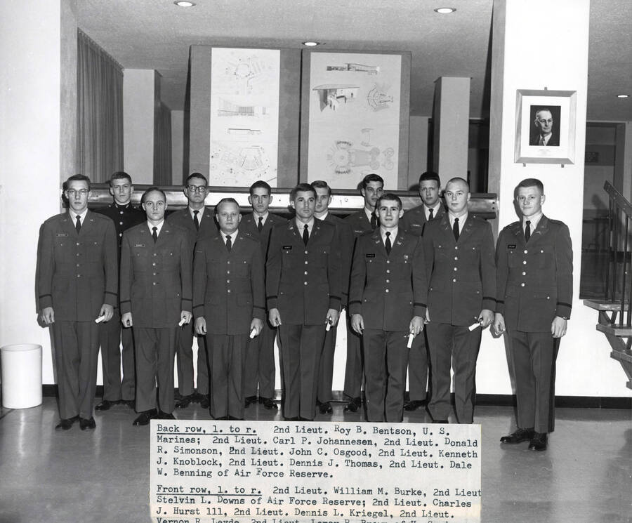 1966 photograph of Military Science Cadets. l-r: (front) Burke, Downs, Hurst, Kriegel, Leyde, Brown; (back) Bentson, Johannesen, Simonson, Osgood, Knoblock, Thomas, Benning. [PG1_208-115]
