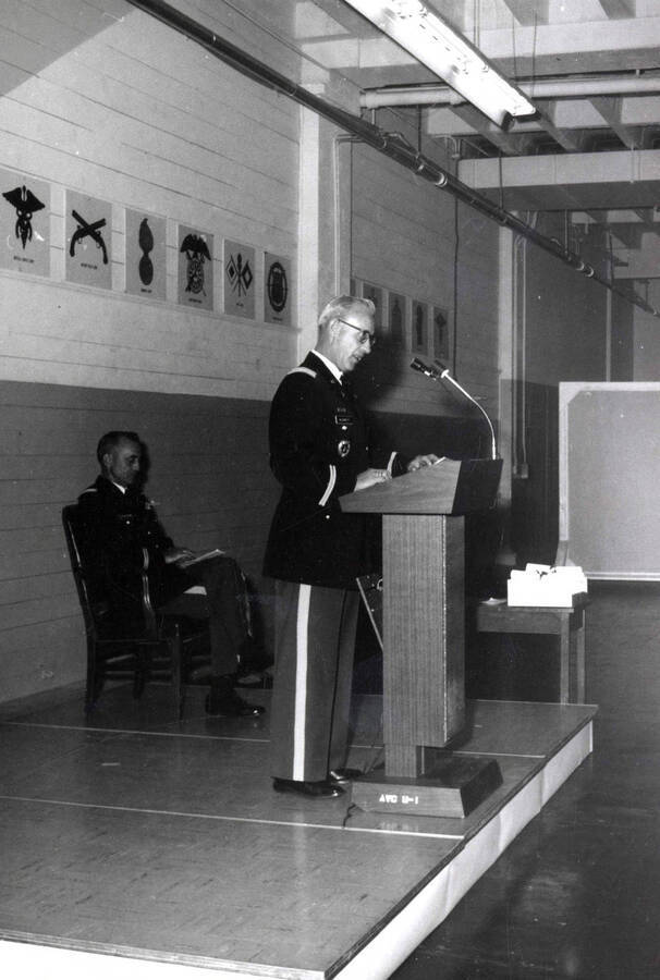 1969 photograph of Military Science Cadets. Aaron E. Blewett at lecturn. Donor: Army ROTC. [PG1_208-120]