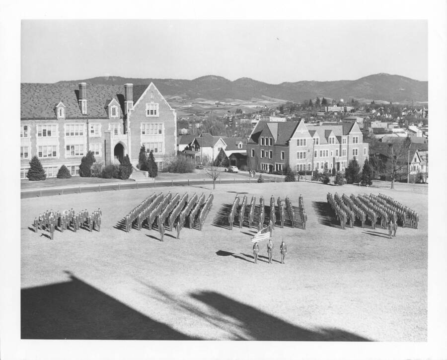 Cadets on parade before Science Hall. Military Science. University of Idaho. [208-126]
