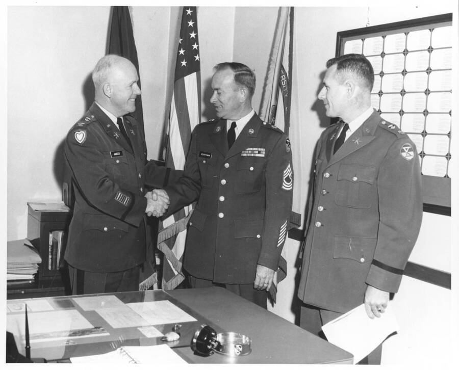 1960 photograph of Military Science Cadets. l-r: George w. James, Francis L. Perryman, unidentified. Donor: Publications Dept. [PG1_208-128]