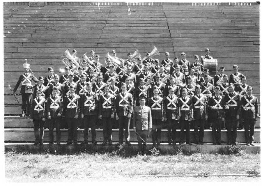 1931 photograph of Military Science Cadets. Military band in formation at MacLean field. Donor: Gerald Hodgins. [PG1_208-132]