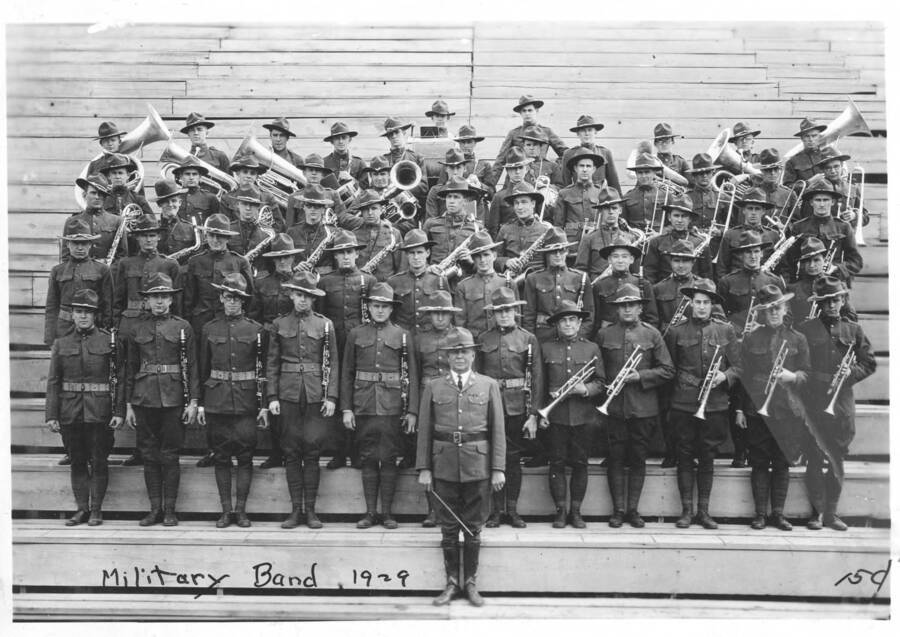 1929 photograph of Military Science Cadets. Military band in formation at MacLean field. Donor: Gerald Hodgins. [PG1_208-134]