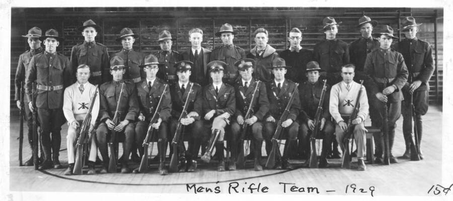 1929 photograph of Military Science Cadets. Men's rifle team inside gymnasium. Donor: Gerald Hodgins. [PG1_208-135]