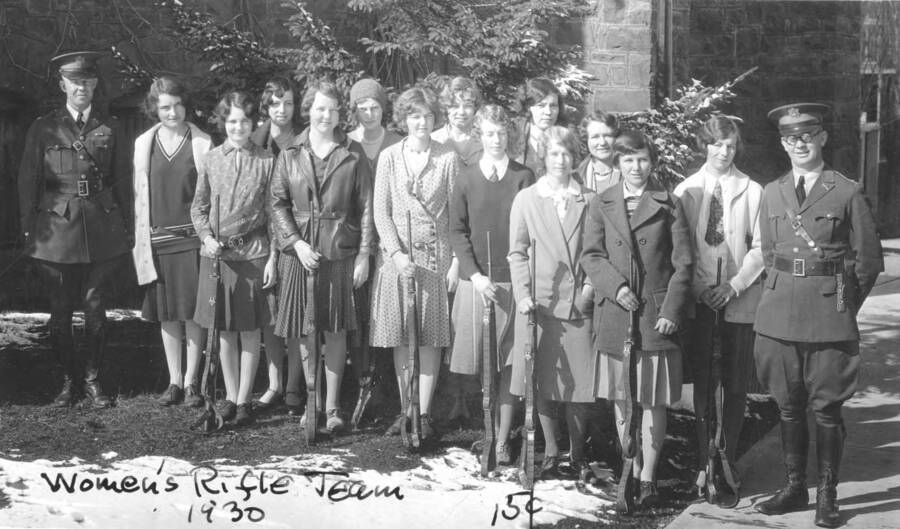 1930 photograph of Military Science Cadets. Women's rifle team outdoors. Donor: Gerald Hodgins. [PG1_208-138]