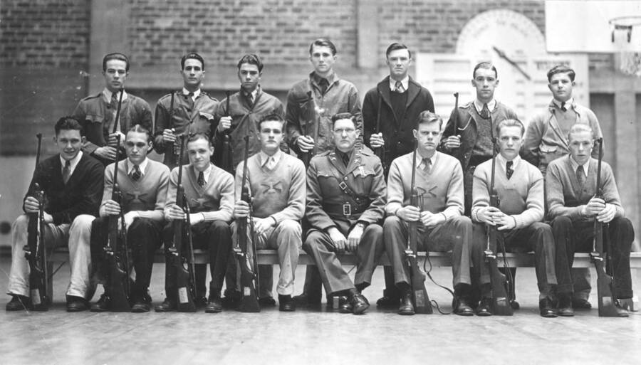 1932 photograph of Military Science Cadets. Rifle team insid ethe gymnasium. Donor: Gerald Hodgins. [PG1_208-141]