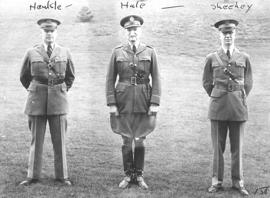 1934 photograph of Military Science Cadets. l-r: Capt. Harry L. henkle, Capt. William A. Hale, Lt. John W. Sheehy. Donor: Gerald Hodgins. [PG1_208-143]
