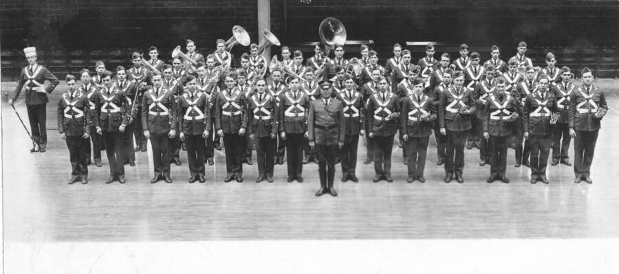 1932 photograph of Military Science Cadets. Military band standing in parade formation. Bandmaster Bernt Neilsen and Cadet Drum Major Stanley Jappsen. Donor: Gerald Hodgins. [PG1_208-146]