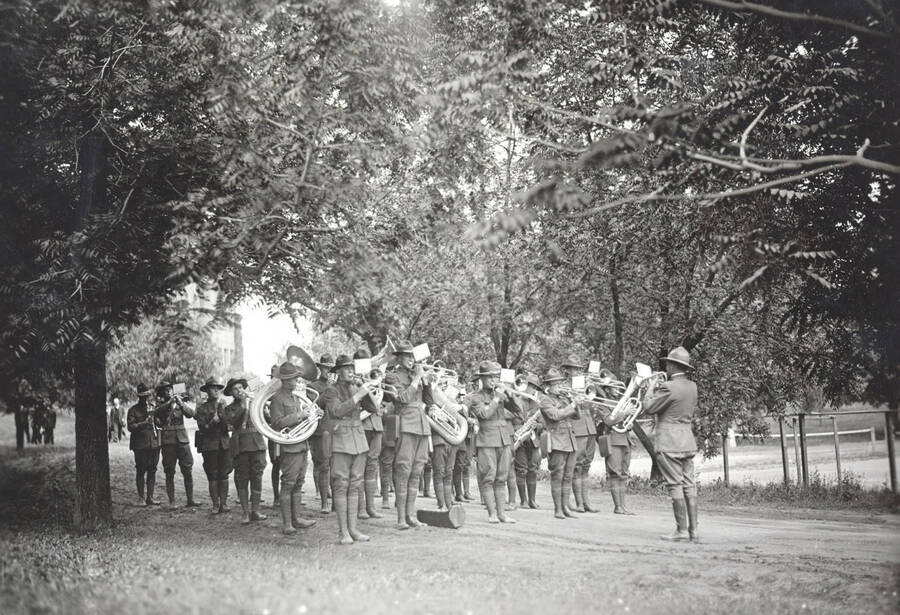 1923 photograph of Military Science Cadets. Military band in formation. [PG1_208-002]