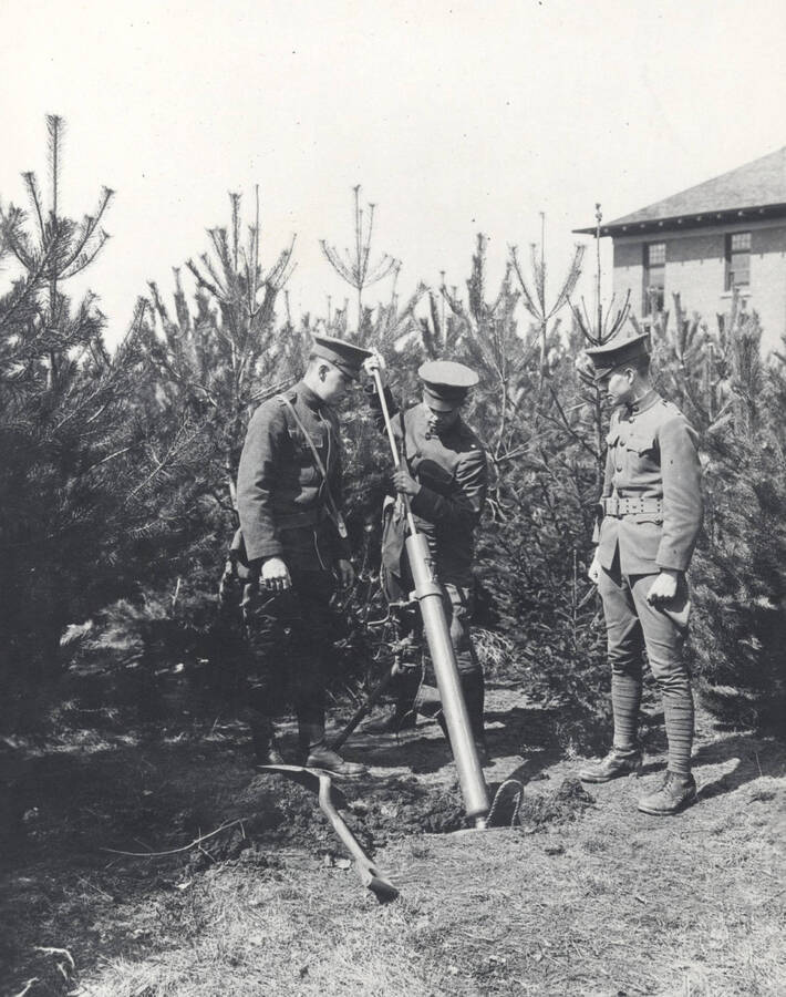 1914 photograph of Military Science Cadets. Military cadets loading a mortar surrounded by young pines. [PG1_208-020]