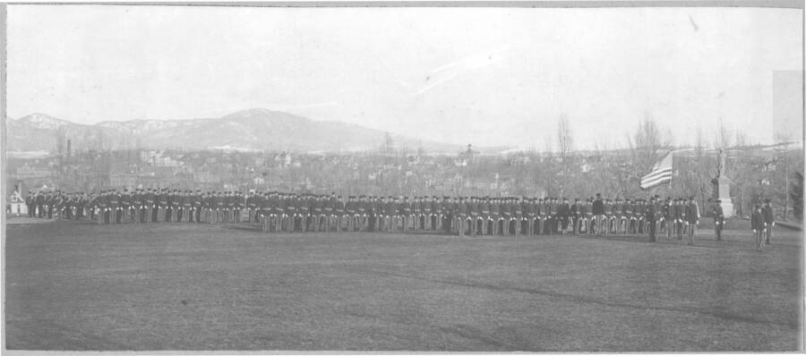 1920 photograph of Military Science Cadets. Cadet Battalion on display in front of the Spanish-American War Memorial. [PG1_208-049]