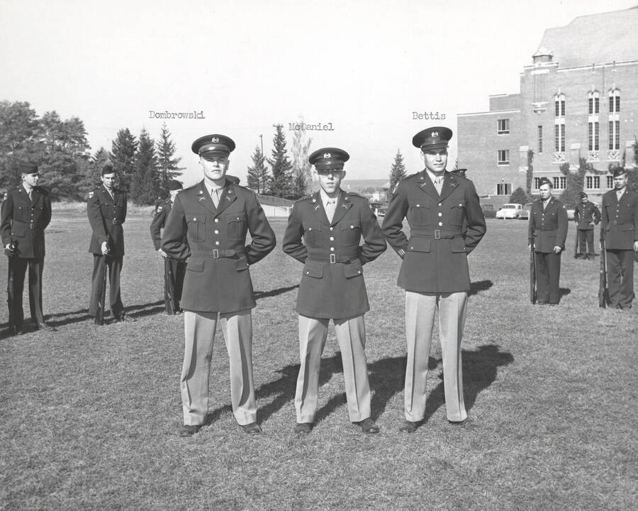 1953 photograph of Military Science Cadets. Cadet officers l-r: Dombrowski, McDaniel, Bettis. [PG1_208-059]