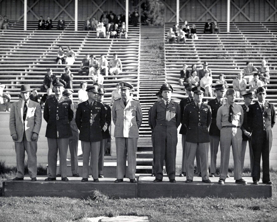 Officers reviewing cadets on parade, MacLean Field. Military Science. University of Idaho. [208-72]