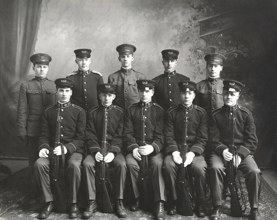 1916 photograph of Military Science Cadets. The military cadet rifle team. [PG1_208-084]