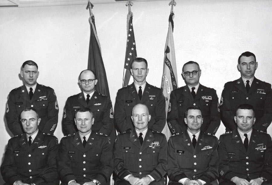 1963 photograph of Military Science Cadets. l-r: (front) Griffin, Carpenter, Ruth, Lynch, Caldwell; (back) Couris, Breitegan, James, Todd, Cashman. Donor: Army ROTC. [PG1_208-092]