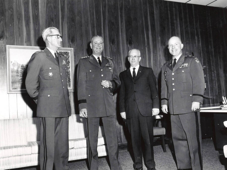 1962 photograph of Military Science Cadets. l-r: Maj. Gen. Holtzworth, Lt. Gen. Ryan, Dr. Steffans, Col. James. Donor: Army ROTC. [PG1_208-094]