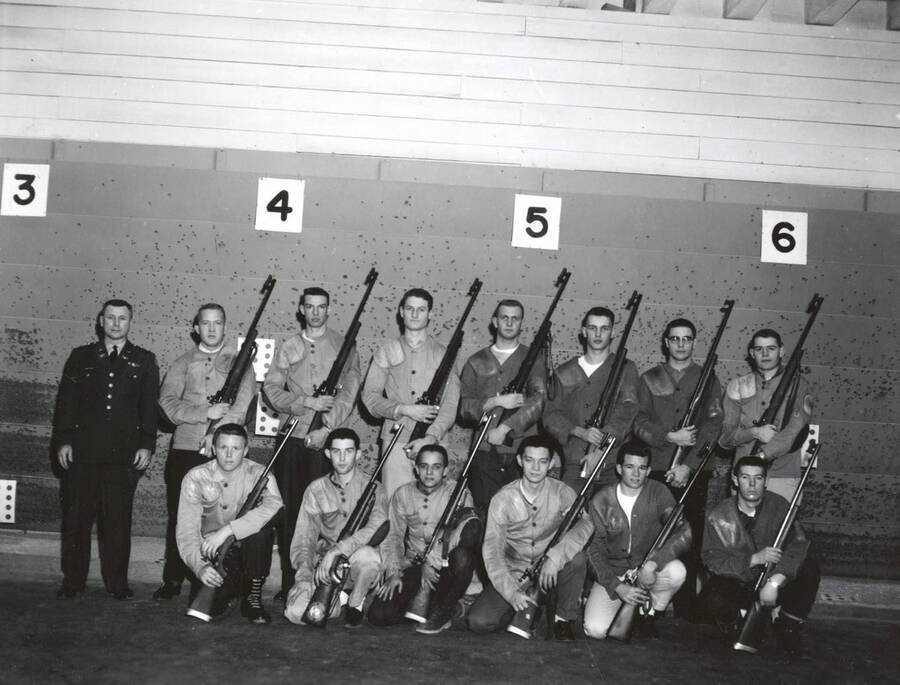1961 photograph of Military Science Cadets. Military cadet rifle team at the shooting range. Donor: Army ROTC. [PG1_208-096]