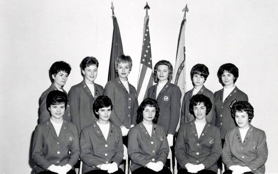 1962 photograph of Military Science Cadets. l-r: (front) Smith, Weber, McCullough, Cook, Blood; (back) Irwin, Wood, Nelson, Cook, Suley, Kipling. Donor: Army ROTC. [PG1_208-098]