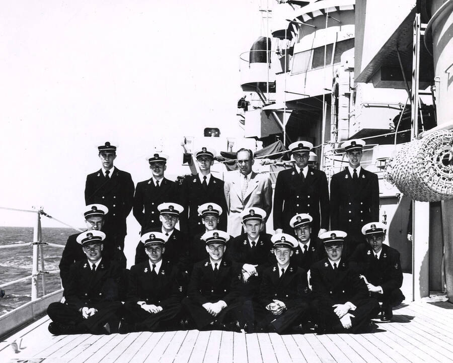 Naval Science. University of Idaho. Midshipmen on board USS Saint Paul. [209-1]