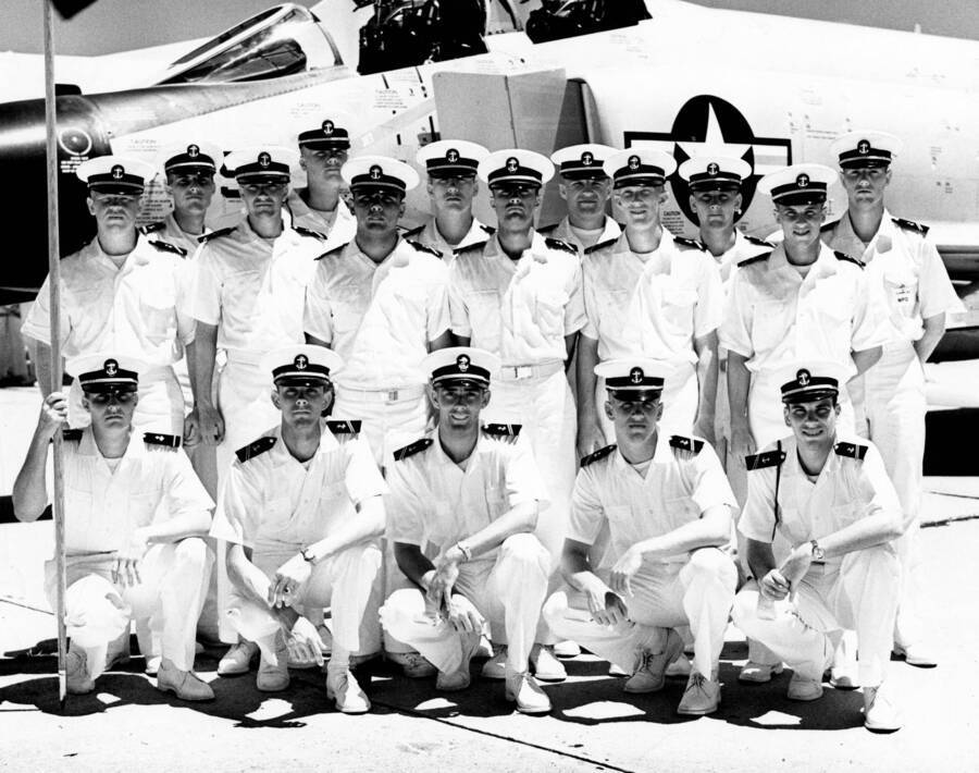 1966 photograph of Naval Science. Naval cadets on the deck of an aircraft carrier. [PG1_209-17]