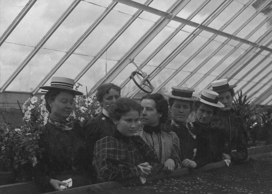 1899 photograph of Plant Sciences. Five female students in a greenhouse. l-r: Minnie G. Marcy, Carrie A. Tomer, Effie May Wilson, Mary C. McFarland, Grace E. Woodworth, Pauline J.Moerder, Sadie Mae Skattaboe. [PG1_210-11b]