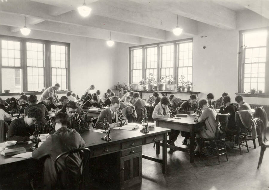 1936 photograph of Botany building. Students work with microscopes in the lab. [PG1_215_02]