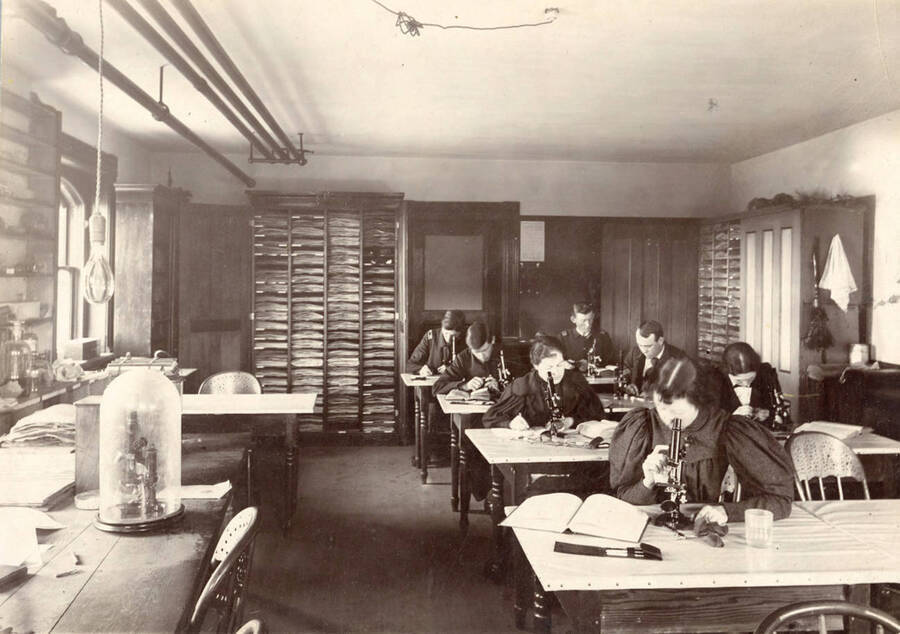 1896 photograph of Botany building. Students work with specimens at their workstations. [PG1_215_07]
