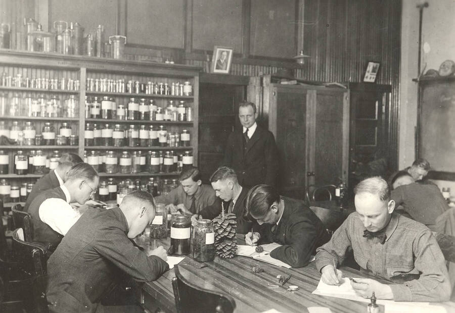 1923 photograph of College of Forestry. Students in the forestry laboratory under the direction of C. W. Watson. [PG1_218-06]