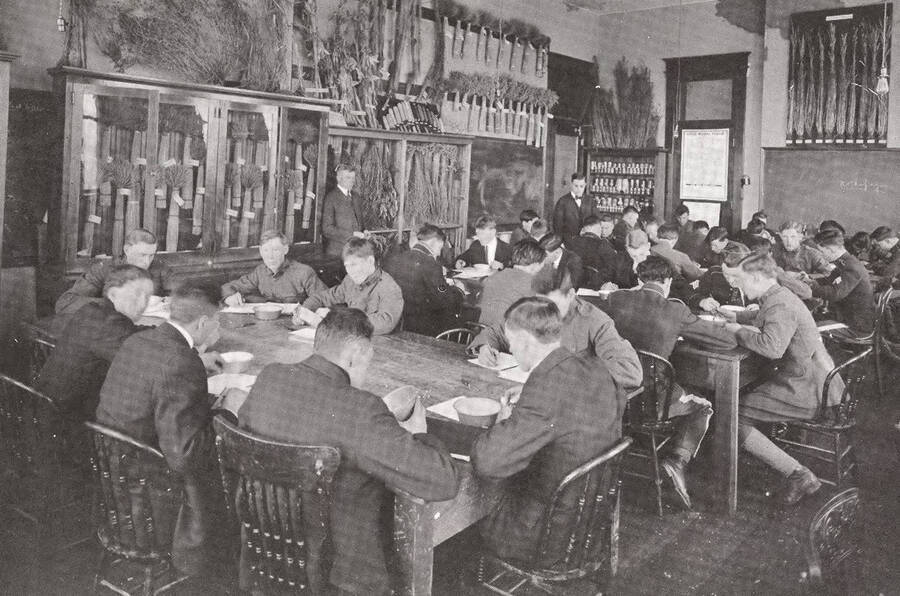 1905 photograph of Agronomy laboratory. Students studying at desk in the Agronomy Laboratory. Imprint: American Engraving Co., Spokane. [PG1_220-01]