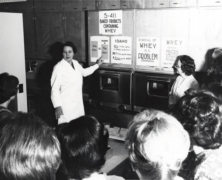 1963 photograph of Home Economics. Gretchen Potter describes research involving cheese whey to freshman students conducted by Shirley Bing at right. [PG1_221-088]