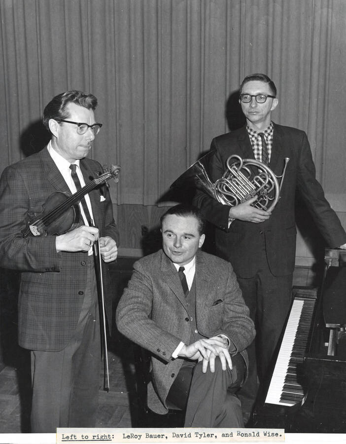 1966 photograph of Music Department. Faculty music trio LeRoy Bauer, David Tyler, and Ronald Wise. [PG1_222-015]