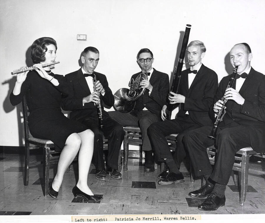 1966 photograph of Music Department. University Woodwind Quintet Patricia Jo Merrill, Warren bellis, Ronald Wise, John Lind, and Martin Pachey. [PG1_222-016]