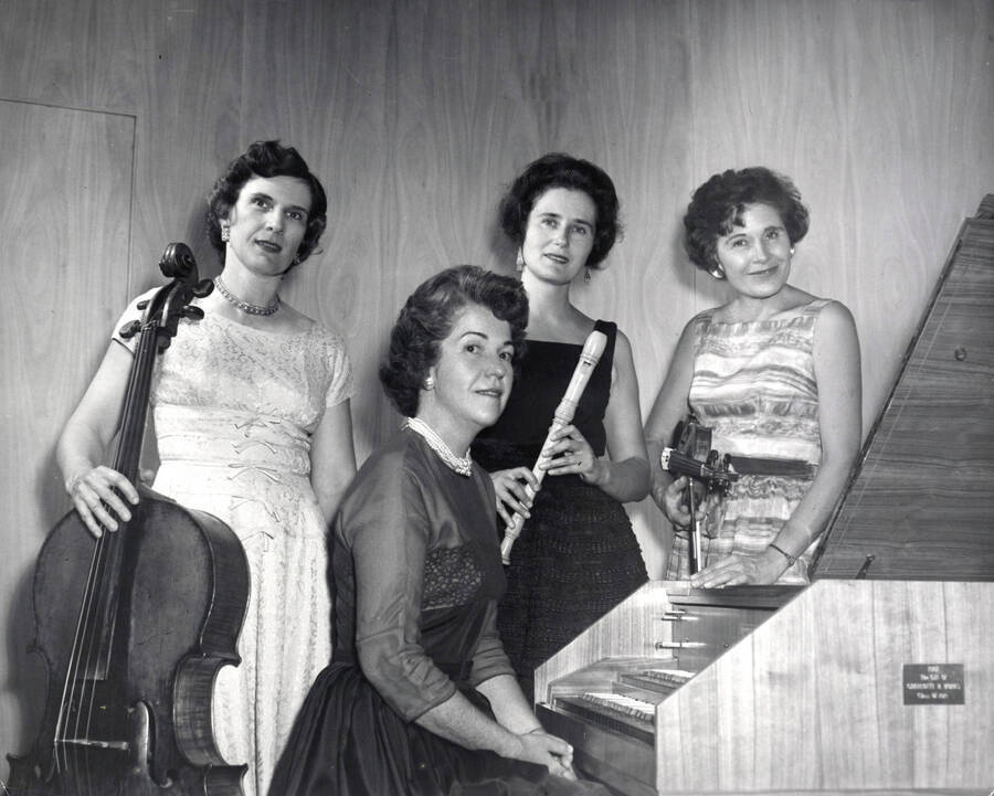 1960 photograph of Music Department. Baroque Quartet Phyllis Everest, Marian Frykman, Dvora Marcuse, and Eleanor Mader with instruments. [PG1_222-018]