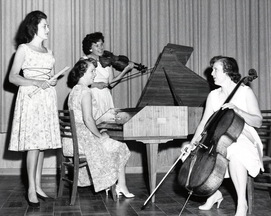 1960 photograph of Music Department. Baroque Quartet Dvora Marcuse, Marian Frykman, Eleanor Mader, and Phyllis Everest. [PG1_222-020]