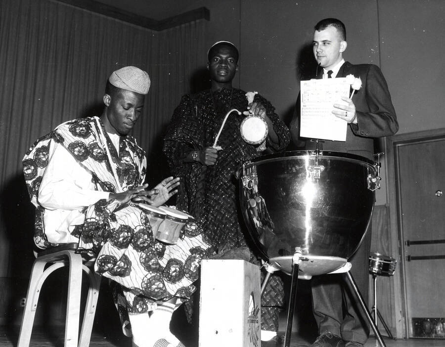 1966 photograph of Music Department. Three drummers and their instruments. Donor: Publications Dept. [PG1_222-035]