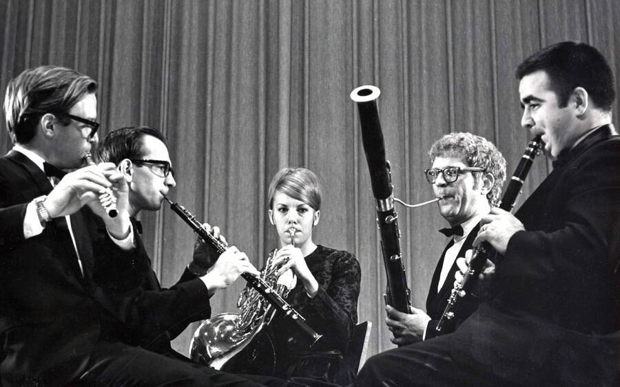 1966 photograph of Music Department. Northwest Wind Quartet Richard Hahn, Robert Probasco, Deborah Smith, Ronald Klimko, and David Seiler perform. Donor: Publications Dept. [PG1_222-036]